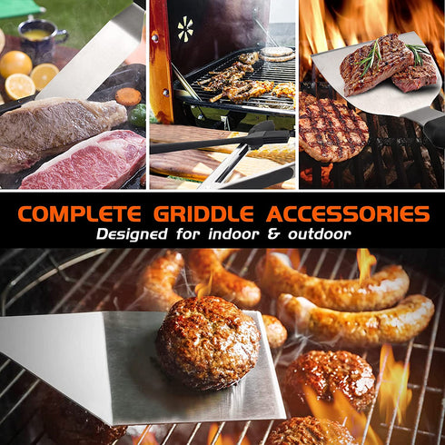 JIGUOOR Griddle Accessories, 16PCS Flat Top Grill Accessories Kit for Blackstone and Camp Chef, with Griddle Metal Spatula, Scraper, Pepper Grinder, Egg Rings, for Camping, Teppanyaki & Gas Grill