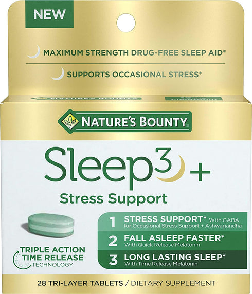 Stress Support Melatonin by Nature's Bounty, Sleep3 Maximum Strength 100% Drug Free Sleep Aid, Dietary Supplement with Ashwagandha, Time Release Technology, 10mg, 28 Tri-Layered Tablets
