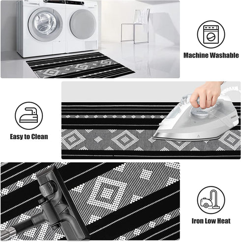 Boho Kitchen Runner Rug Black/White 2x4 ft,LEEVAN Reversible Diamond Indoor Floor Rugs Machine Washable Woven Modern Farmhouse Geometric Tribal Throw Carpet for Bedroom/Laundry/Bathroom/Entryway