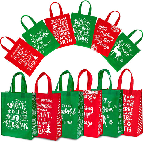 Whaline 12 Pack Christmas Non-Woven Gift Bags Christmas Tote Bags with Handles Red Green Snowflakes Xmas Tree Grocery Bag Reusable Party Treat Goodie Bags for Holiday Party Favors, 12.2" x 9.8" x 4.5"
