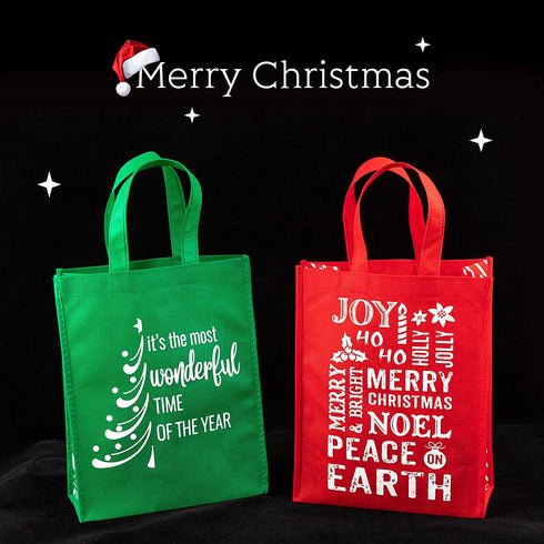 Whaline 12 Pack Christmas Non-Woven Gift Bags Christmas Tote Bags with Handles Red Green Snowflakes Xmas Tree Grocery Bag Reusable Party Treat Goodie Bags for Holiday Party Favors, 12.2" x 9.8" x 4.5"