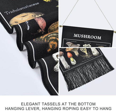 Mushroom Tapestry Black Background Tapestry Vertical Tapestry Illustrative Reference Chart Tapestry Wall Hanging for Room(12.8 x 51.2 inches)