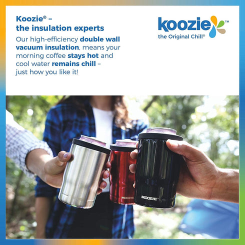 KOOZIE Stainless Steel Triple 3-in-1 Can Cooler, Bottle or Tumbler with Lid for 12 oz Standard Cans | Double Wall Vacuum Insulated for Hot and Cold Drinks (Silver)