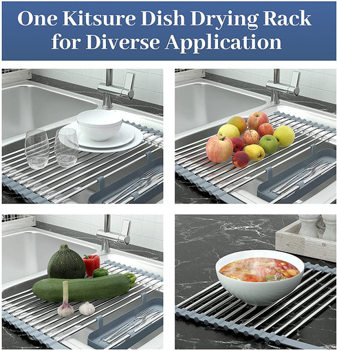 Kitsure Expandable Roll-Up Dish Drying Rack for Kitchen with Adjustable Length Design(12.75-23in), Collapsible Over-The-Sink Dish Drying Rack with Space-Saving Design, Rolling Rack for Sink