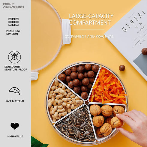 Round Plastic Divided Serving Tray with Lids, Snack fruit tray, 5 Compartment Round Food Storage Lunch Organizer, food storage lunch storage box, vegetarian candy snack party appetizer tray