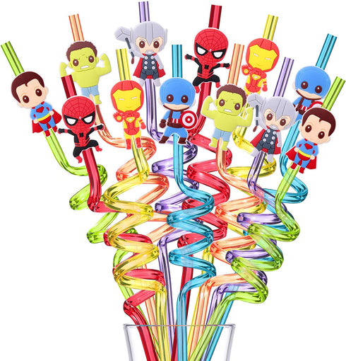 24 Superhero Straws with 2 Cleaning Brush 6 Designs Great for Birthday as Avengers Themed Party Favors and Party Supplies