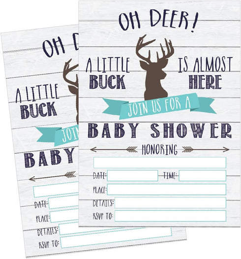 50 Fill in Deer Baby Shower Invitations, Baby Shower Invitations Hunting, Camping, Camo, Buck, Rustic, Neutral, Woodland Baby Shower Invites for Boy, Baby Invitation Cards Printable