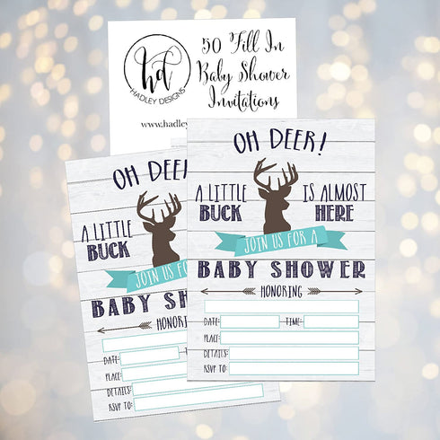 50 Fill in Deer Baby Shower Invitations, Baby Shower Invitations Hunting, Camping, Camo, Buck, Rustic, Neutral, Woodland Baby Shower Invites for Boy, Baby Invitation Cards Printable