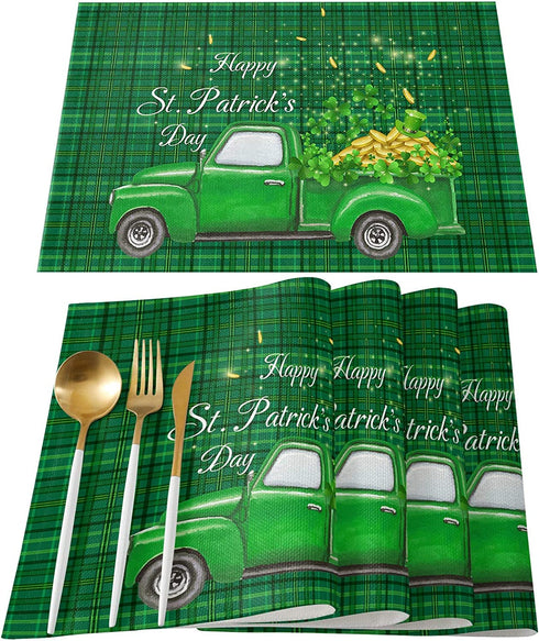 WARM TOUR Placemats for Dining Table Set of 4, St. Patrick's Day Green Truck and Lucky Clover Table Mats Washable Cotton Linen Non-Slip Green Grid Placemats for Home Kitchen Tables Decoration