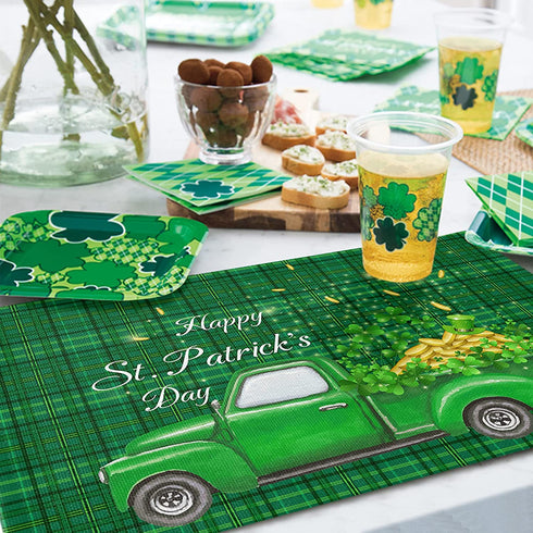 WARM TOUR Placemats for Dining Table Set of 4, St. Patrick's Day Green Truck and Lucky Clover Table Mats Washable Cotton Linen Non-Slip Green Grid Placemats for Home Kitchen Tables Decoration