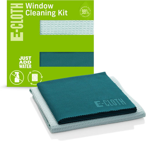 E-Cloth Window Cleaning Kit, Premium Microfiber Glass and Window Cleaner, Great for Shower Glass Doors, Indoor & Outdoor Windows and Car Windshield, Washable and Reusable, 100 Wash Guarantee, Green