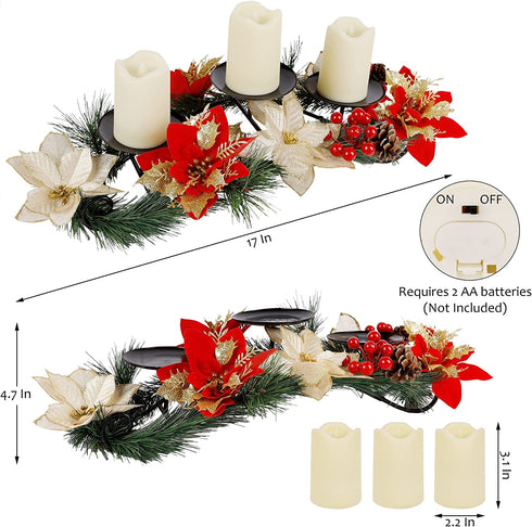 Joliyoou Christmas Tabletop Centerpieces, Christmas Poinsettia Candle Holder with 3 Battery Operated Light Up Candle Lights, Metal Candelabrum for Xmas Holiday Table Mantel Decoration