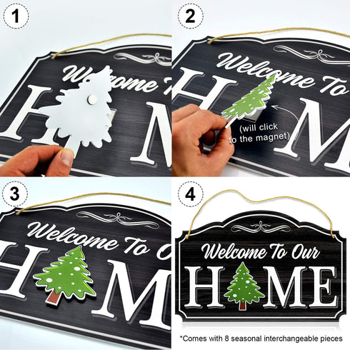 Bigtime Signs Welcome to Our Home - Black Wood Grain Print Door & Wall Decor 8 Interchangeable Holiday Magnets Halloween, Easter, Fall, Christmas, Valentines - Porch Hanging Plaque Decoration