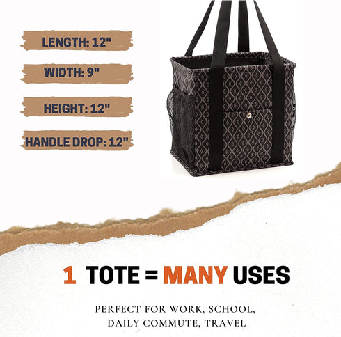 Pursetti Small Utility Tote Bag for Women with 4 Exterior Pockets - Perfect as Lunch Tote, Reusable Grocery Bags, Shopping Bags, Work Bag, Teacher Bag, and Nurse Bag (Black Trellis)