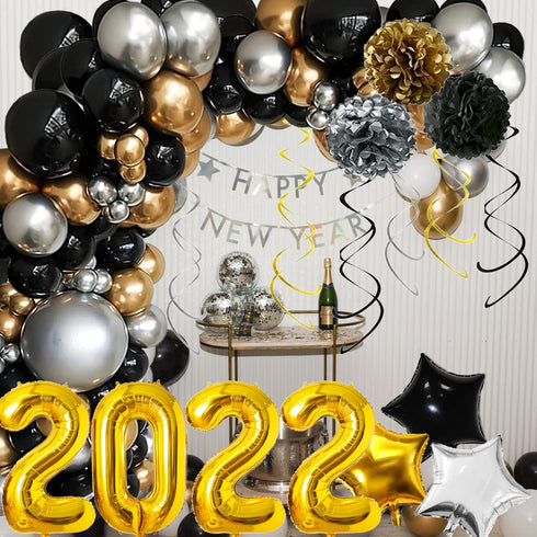 2022 New Years Eve Balloon Garland Arch Kit, 90Pcs Black Gold Silver Balloons Paper Pompoms Hanging Swirls for 2022 New Years Eve Party Supplies Graduation Party Decorations (Silver)