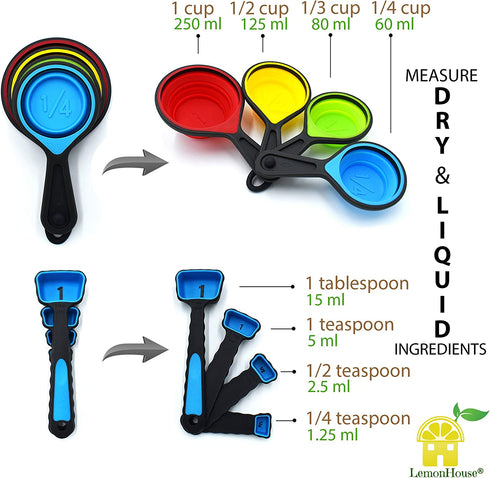 Silicone Whisk - Collapsible Measuring Cups and Spoons - Baking Spatula - 10 Piece Set - Cooking Kitchen Utensils