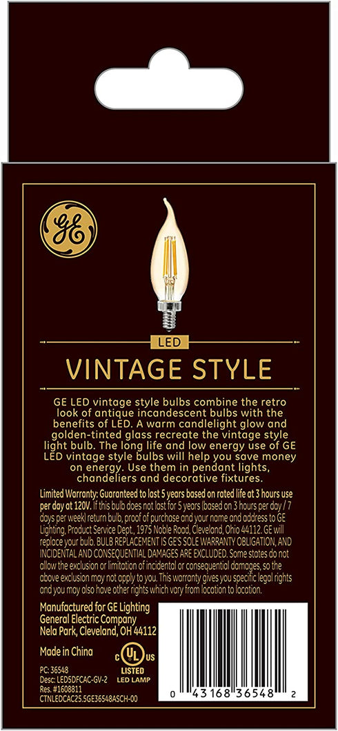 GE Vintage LED Light Bulb, Bent Tip, Warm Amber Finish, Dimmable, 60-Watt Replacement, E12 Candelabra Base, 2-Pack