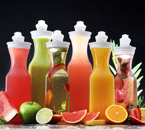 Carafes for Mimosa Bar - 6 Pack 32 Oz Plastic Carafe Square Base Water Pitcher - Pitcher with Lid and Spout - Juice Containers with lids for Fridge BPA Free Pitcher for Parties Not Dishwasher Safe