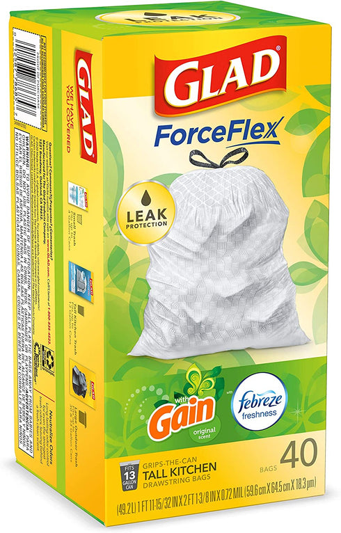 Glad® ForceFlex Tall Kitchen Drawstring Trash Bags 13 Gallon White Trash Bag, Gain Original scent with Febreze Freshness 40 Count (Package May Vary)