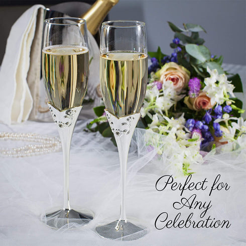 Memories Champagne Flutes, Set of Two Elegant Clear Glass 6.8 fl oz 200ml, silver plated stems, vine leaf design, clear crystals for special celebrations weddings anniversaries birthdays graduations
