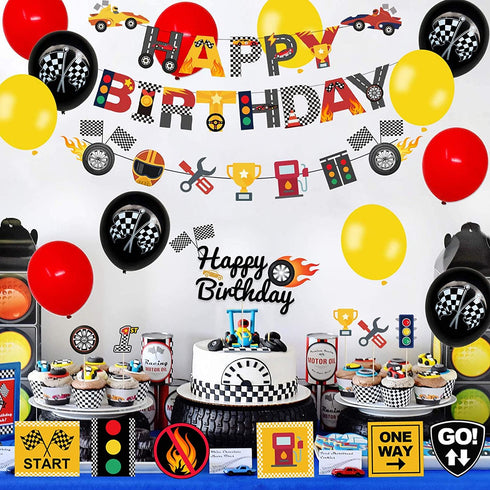 PRATYUS Race Car Birthday Decorations for Kids Boys Let's go Racing Party Supplies With Banner, Welcome Hanger, Car Party Signs, Cake Topper and Checkered Balloons