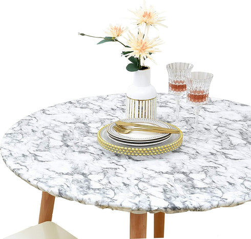 Rally Home Goods Indoor Outdoor Patio Round Fitted Vinyl Tablecloth, Flannel Backing, Elastic Edge, Waterproof Wipeable Plastic Cover, White Marble Pattern for 5-Seat Table of 36-42’’ Diameter