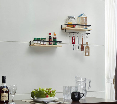 Floating Shelves for Bathroom, Kitchen, Living Room , Wood Wall Mounted Shelf for Storage, Decor, Organize, Set of 2 with 5 Hooks (Natural)