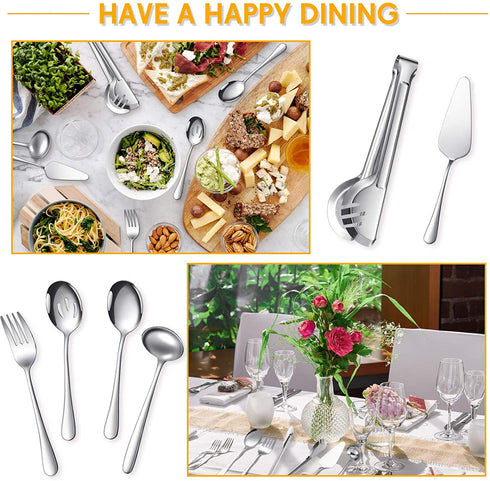 Serving Utensils Include Large Serving Spoons Slotted Serving Spoons Serving Forks Serving Tongs Soup Ladle and Pie Server Buffet Catering Serving Utensils for Dishwasher Safe (Silver, 10)