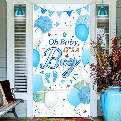 Baby Shower Decorations, Welcome It is a Boy Sign Banner Door Cover Blue Photo Backdrop for Baby Shower Party Supplies, 70.87 x 35.43 inch
