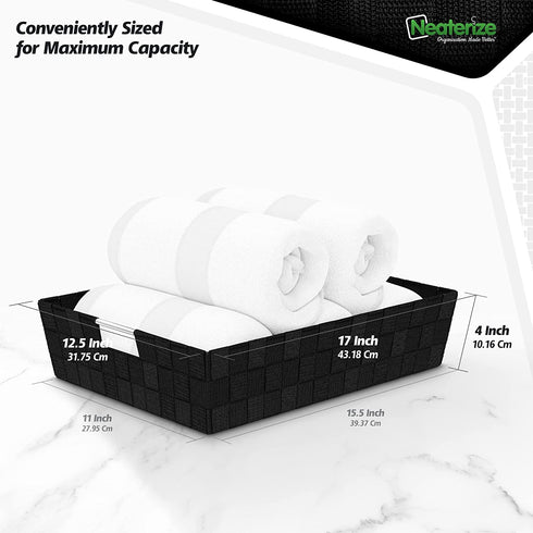Woven Storage Baskets For Organizing - 4 Fabric Empty Organizer Bins With Handles - Great Bin For Organization, Linen Closet Shelves & Bathroom Basket. Empty Baskets For Gifts (14QT - Black)