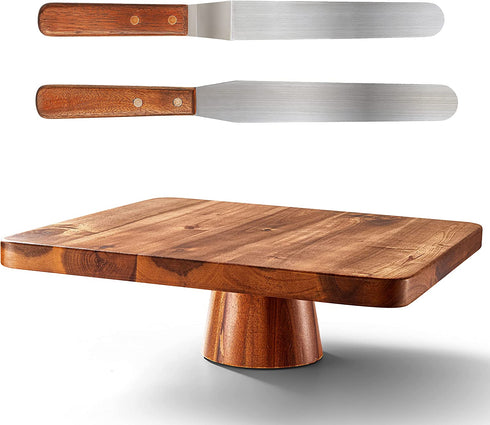 RABAHA Wooden Cake Stand Acacia 12 inch Square Cake Stand with 2 Icing Spatulas - Wedding and Birthday Cake Pedestal - 100% Natural Wood for Use at Parties, Restaurants (Acacia Wood)