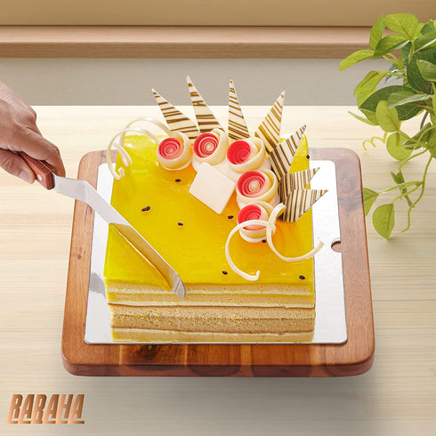 RABAHA Wooden Cake Stand Acacia 12 inch Square Cake Stand with 2 Icing Spatulas - Wedding and Birthday Cake Pedestal - 100% Natural Wood for Use at Parties, Restaurants (Acacia Wood)