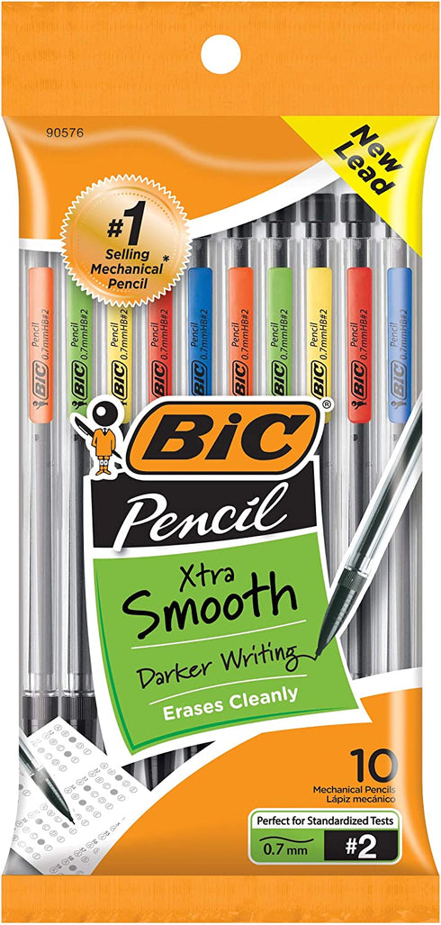 BIC Xtra-Smooth Mechanical Pencils With Erasers, Medium Point (0.7mm), 10-Count Pack, Mechanical Pencils for School or Office Supplies (MPP101-BLK)