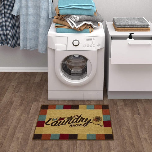 Ottomanson Laundry Collection Checkered Border Rubberback Area Rug/Mat, 2'3" x 3', Multicolor