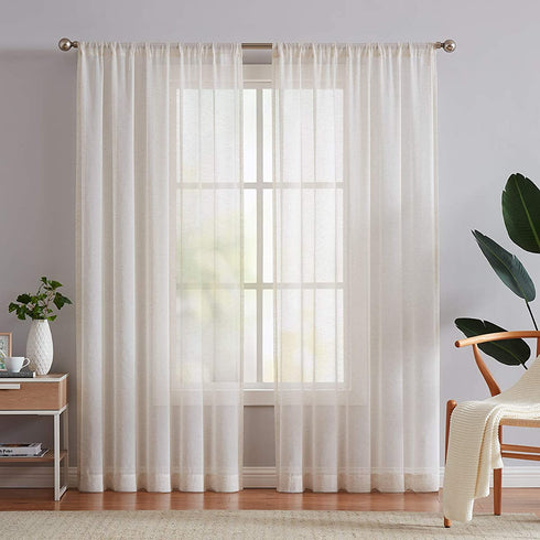 FMFUNCTEX Flax Linen Sheer Curtains 84-inch Long Living Room Vintage Window Panel Drapes for Farmhouse Bedroom Rod Pocket, Natural, 52" Width, 2 Panels