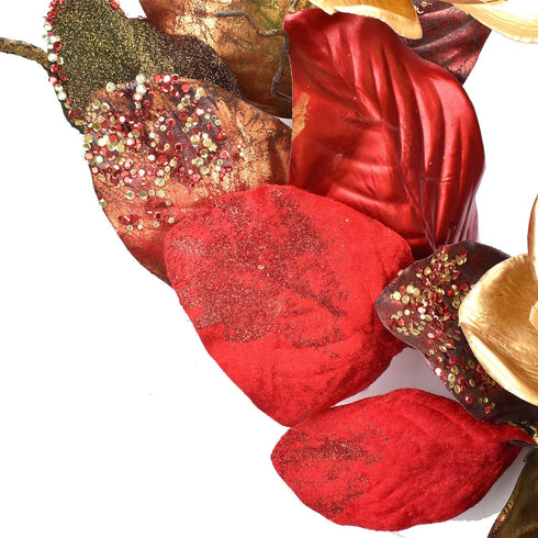 RED DECO Christmas Wreath for Front Door - 20 Inch Red Magnolia with 3 Gold Flowers, Holiday Wreaths for Home Farmhouse Indoor Outdoor Windows Wall Decor(Red)
