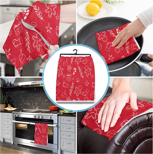 HELLOWINK Christmas Gingerbread Man Microfiber Kitchen Towels with Hanging Loop, Super Absorbent&Machine Washable Dish Towels Hand Towels for Home Kitchen Bars, 18 x 28 Inches, Red
