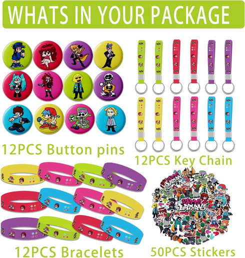 Friday Night Birthday Party Supplies,86pcs Funkin Party Supplies Kit with 50 Stickers, 12 Keychain, 12 Button Pins, 12 Bracelets