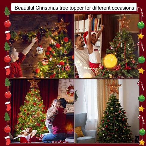 Christmas Star Tree Topper,12" Rattan 3D Star Tree Topper Plug in Metal Hollow Designed Built in 10 Bulbs String Lights for Indoor Office Xmas Christmas New Year Holiday Tree Decoration