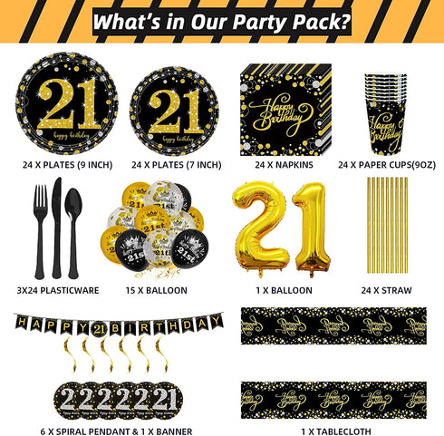 Trgowaul 21st Birthday Party Supplies - Black and Gold Disposable Paper Plates, Napkins, Cups, Tablecover Forks, Knives and Spoons for 24 Guests and Party Number Balloon Decorations Banner