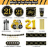 Trgowaul 21st Birthday Party Supplies - Black and Gold Disposable Paper Plates, Napkins, Cups, Tablecover Forks, Knives and Spoons for 24 Guests and Party Number Balloon Decorations Banner