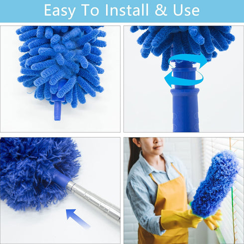 Microfiber Duster, Feather Duster with 100 Inch Telescoping Extension Pole, Reusable Bendable Dusters, Washable Lightweight Dusters for Ceilings Fans