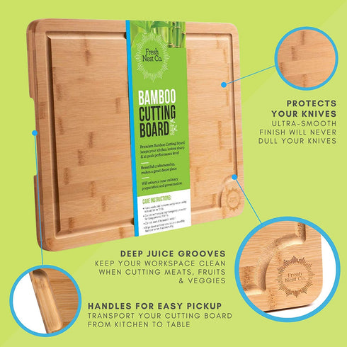 Extra Large Bamboo Kitchen Cutting Board by Fresh Nest Co. | XL 16 x 12 Wood Cutting Board with Handle | Thick Wooden Cutting Board with Juice Groove made with Organic Sustainable and Durable Bamboo