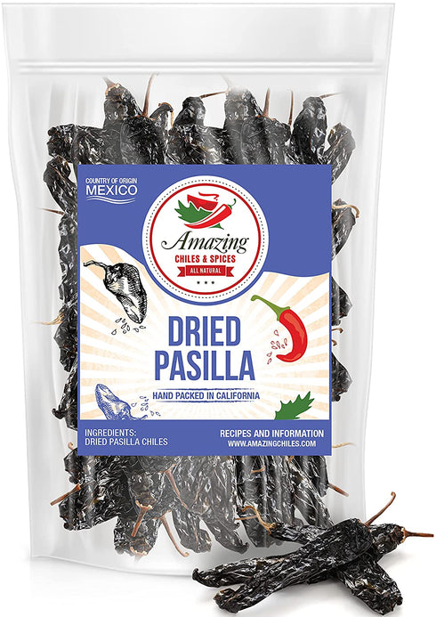 Pasilla Chiles Dried 5oz - Staple in Mexican Cooking: Moles, Sauces, Stews, Salsa. Mild Heat – Punget and Tangy Flavor. By Amazing Chiles & Spices