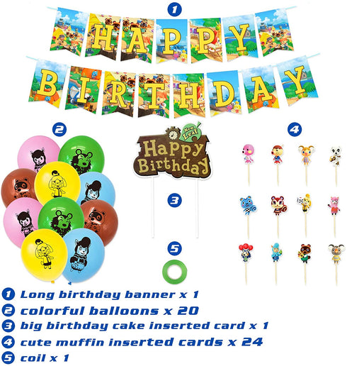 Animal Cross_ing Birthday Party Supplies 46PCS Cartoon Gifts for Kids Video Game Theme Party Decorations Includes 20 Packs Balloon, 1 Pack Banner, 24 Packs Muffin Cake Toppers