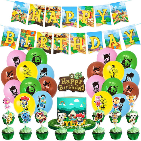 Animal Cross_ing Birthday Party Supplies 46PCS Cartoon Gifts for Kids Video Game Theme Party Decorations Includes 20 Packs Balloon, 1 Pack Banner, 24 Packs Muffin Cake Toppers