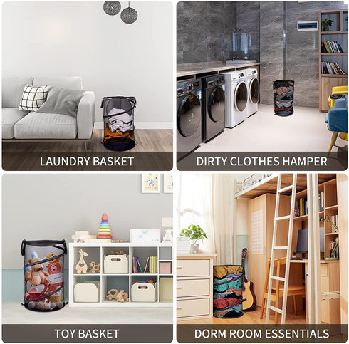 Portable Collapsible Popup Laundry Hamper, Foldable Mesh Round Laundry Basket with Reinforced Durable Handles, Large Clothes Hamper for Kids Room / College Dorm / Travel, Easy to Storage and Open