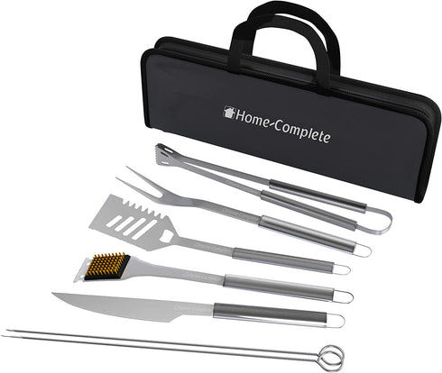 Home-Complete BBQ Grill Tool Set- Stainless Steel Barbecue Grilling Accessories with 7 Utensils and Carrying Case, Includes Spatula, Tongs, Knife
