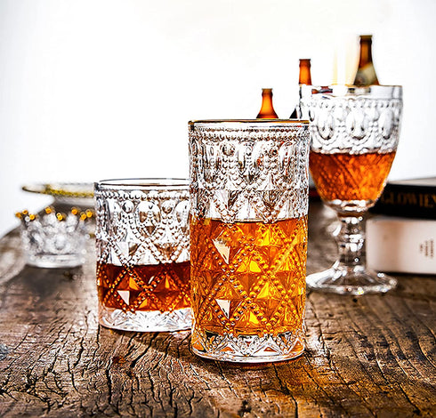 Yesland 6 Pack Vintage Drinking Glasses - 12 Oz Romantic Water Glassware Crystal Emboss Juice Glasses - Double Old Fashioned Glass and Tasting Tumblers for Juice, Cocktail, Whiskey, Beverages, Beer