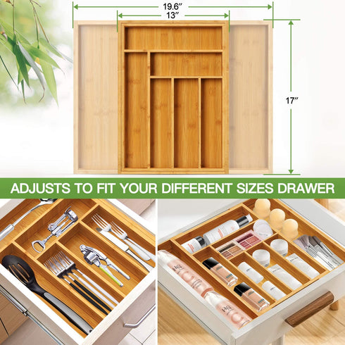 Bamboo Kitchen Drawer Organizer Large Silverware Tray, Expandable Wooden Cutlery Holder for Spoon Fork Flatware Adjustable Utensil Organizer By FURNINXS?7-9 Slot?